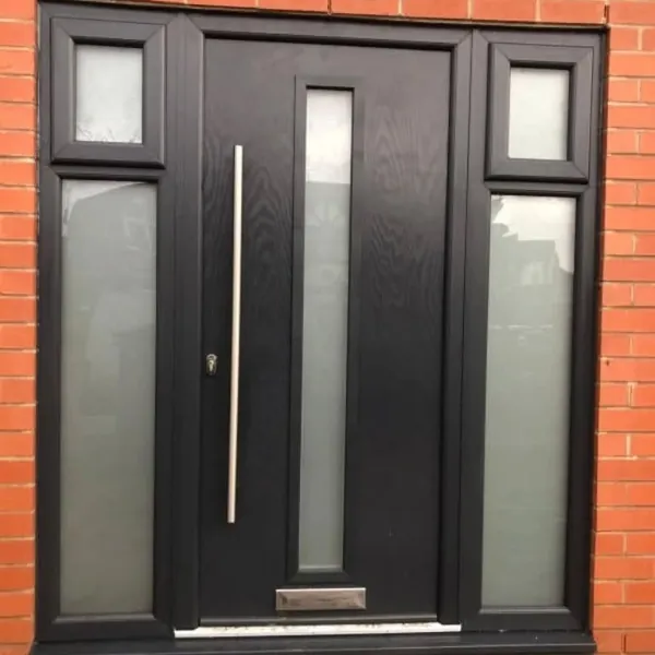 Black composite front door with frosted side panels
